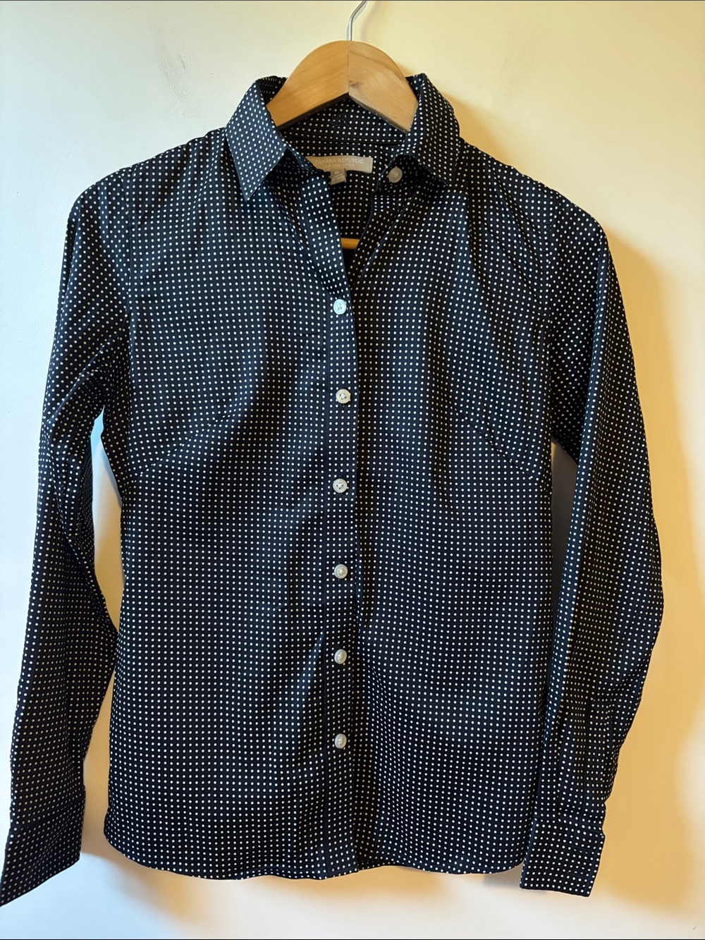 Banana Republic Black Button-Up Shirt with White Microdots